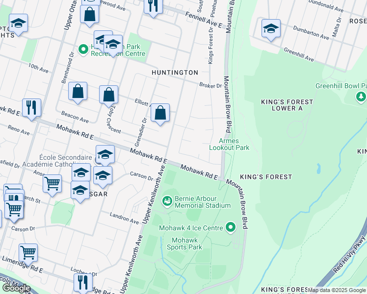 map of restaurants, bars, coffee shops, grocery stores, and more near 99 Edith Avenue in Hamilton