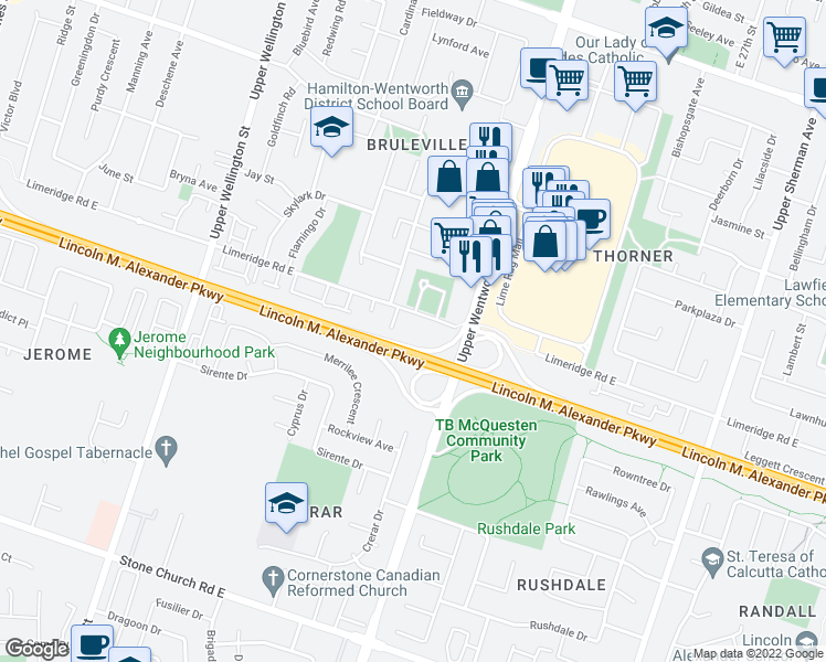 map of restaurants, bars, coffee shops, grocery stores, and more near 416 Limeridge Road East in Hamilton