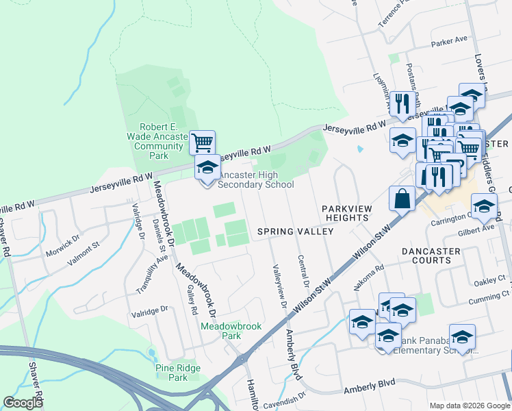 map of restaurants, bars, coffee shops, grocery stores, and more near 78 Valleyview Drive in Hamilton
