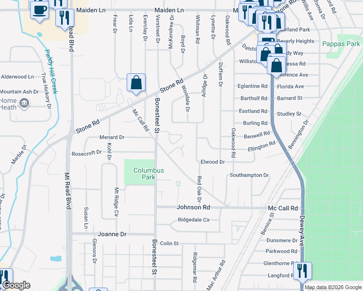 map of restaurants, bars, coffee shops, grocery stores, and more near 117 Lillian Lane in Rochester