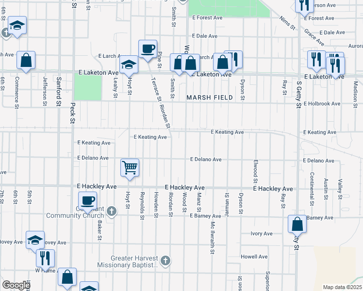map of restaurants, bars, coffee shops, grocery stores, and more near 2025 Wood Street in Muskegon Heights