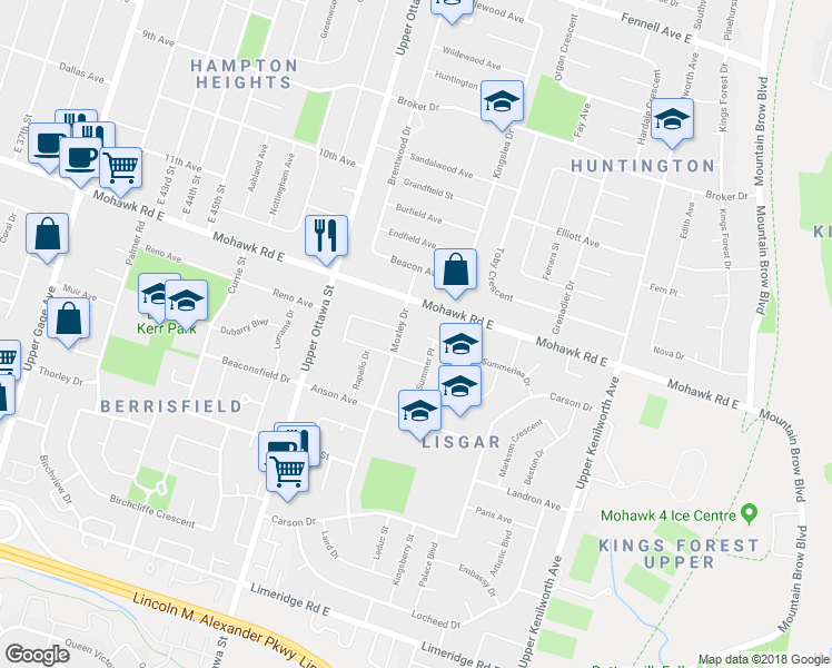 map of restaurants, bars, coffee shops, grocery stores, and more near 116 Summerlea Drive in Hamilton