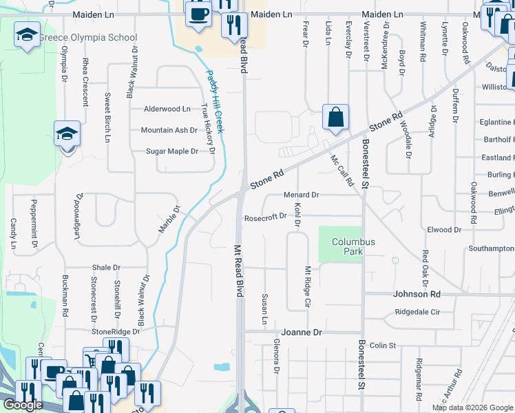 map of restaurants, bars, coffee shops, grocery stores, and more near 236 Menard Drive in Rochester