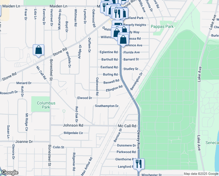 map of restaurants, bars, coffee shops, grocery stores, and more near 80 Ellington Road in Rochester