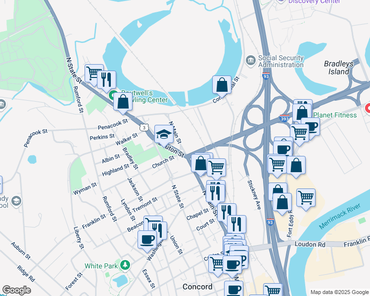 map of restaurants, bars, coffee shops, grocery stores, and more near 225 North Main Street in Concord