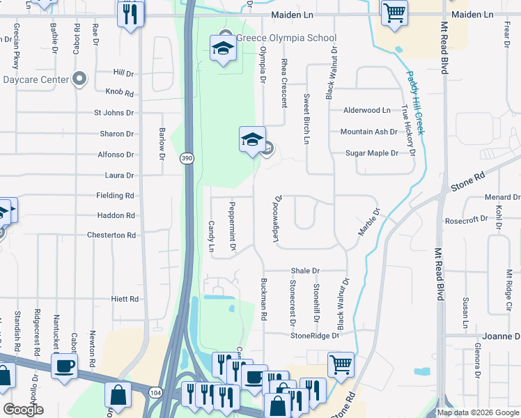 map of restaurants, bars, coffee shops, grocery stores, and more near 203 Ledgewood Drive in Rochester