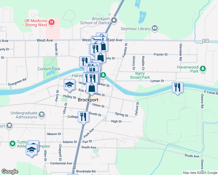 map of restaurants, bars, coffee shops, grocery stores, and more near 5 Park Avenue in Brockport