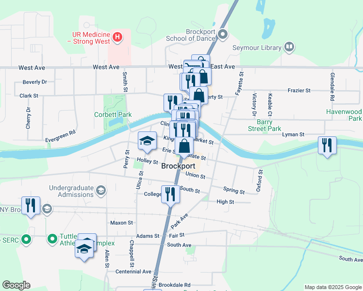 map of restaurants, bars, coffee shops, grocery stores, and more near 33/35 Main Street South in Brockport