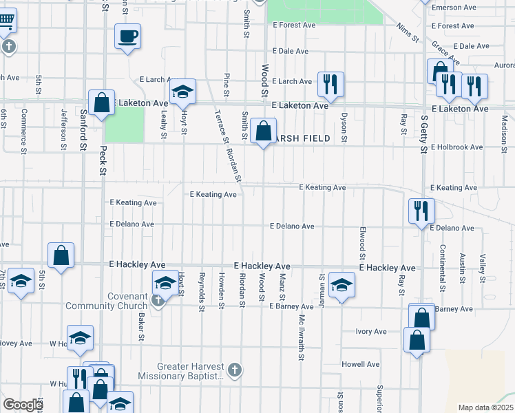 map of restaurants, bars, coffee shops, grocery stores, and more near 2025 Wood Street in Muskegon Heights