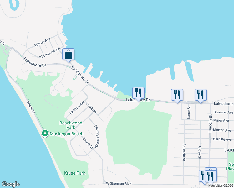 map of restaurants, bars, coffee shops, grocery stores, and more near 2964 Lakeshore Drive in Muskegon