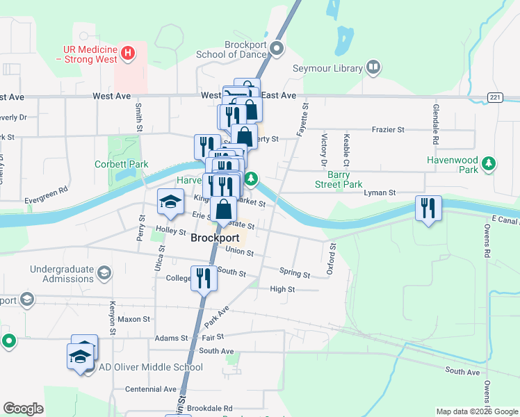 map of restaurants, bars, coffee shops, grocery stores, and more near 38 Market Street in Brockport