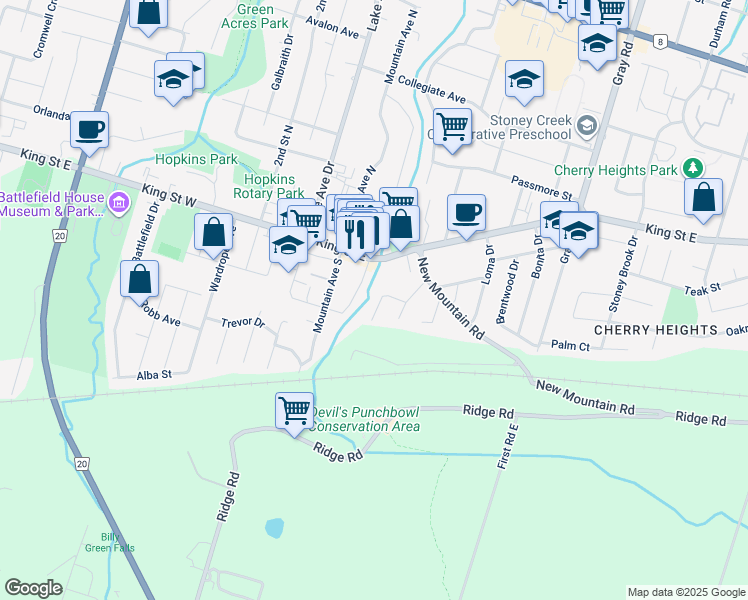 map of restaurants, bars, coffee shops, grocery stores, and more near 24 Cherrywood Drive in Hamilton
