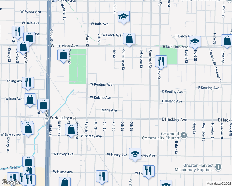 map of restaurants, bars, coffee shops, grocery stores, and more near 2020 7th Street in Muskegon Heights
