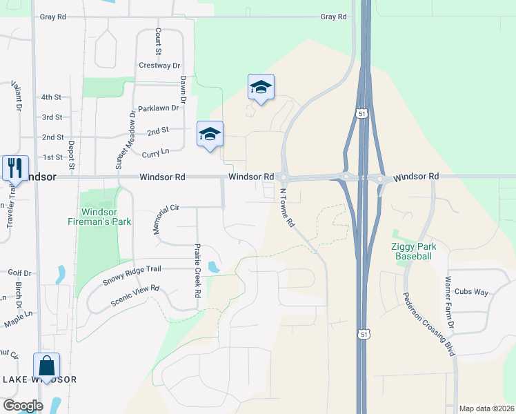 map of restaurants, bars, coffee shops, grocery stores, and more near 4313 North Towne Road in Windsor