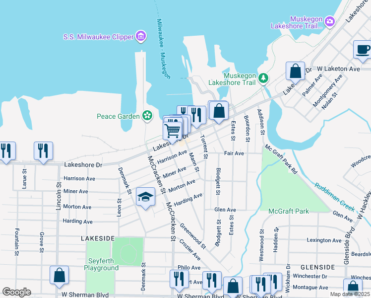 map of restaurants, bars, coffee shops, grocery stores, and more near 1962 Harrison Avenue in Muskegon