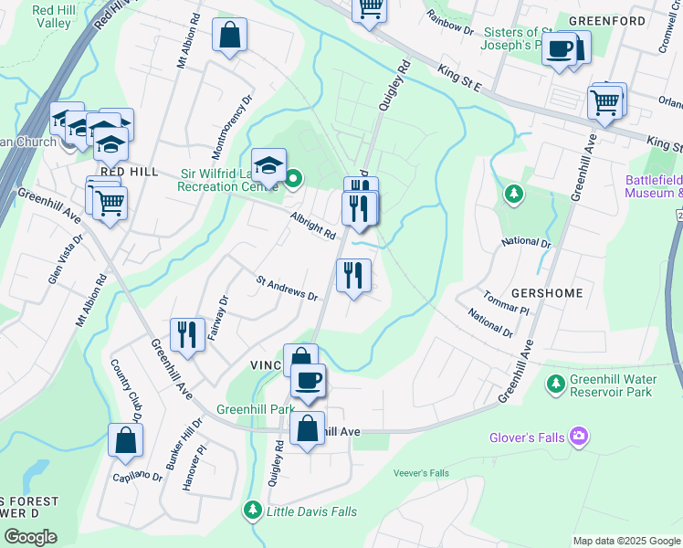 map of restaurants, bars, coffee shops, grocery stores, and more near 245 Quigley Road in Hamilton