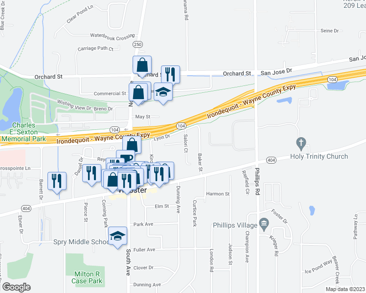 map of restaurants, bars, coffee shops, grocery stores, and more near 119 West Salori Court in Webster