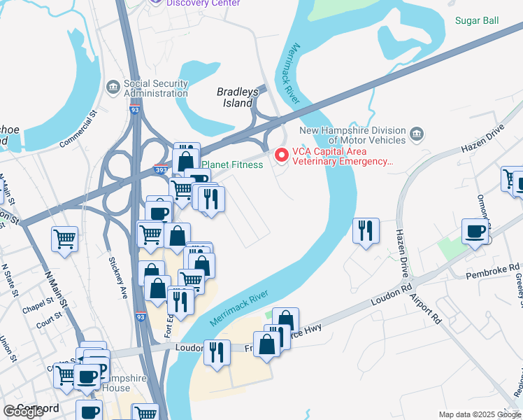map of restaurants, bars, coffee shops, grocery stores, and more near 24 Stevens Drive in Concord