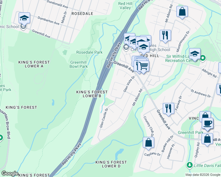map of restaurants, bars, coffee shops, grocery stores, and more near 64 Forest Hill Crescent in Hamilton