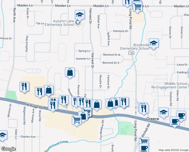 map of restaurants, bars, coffee shops, grocery stores, and more near 234 Harvest Drive in Rochester