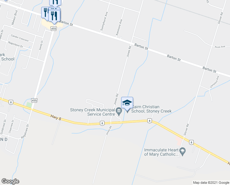 map of restaurants, bars, coffee shops, grocery stores, and more near 225 Jones Road in Hamilton