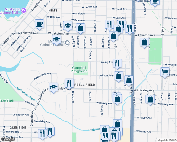 map of restaurants, bars, coffee shops, grocery stores, and more near 2075 Dowd Street in Muskegon