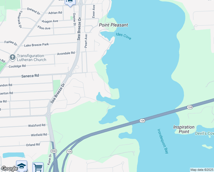 map of restaurants, bars, coffee shops, grocery stores, and more near 628 Seneca Road in Rochester