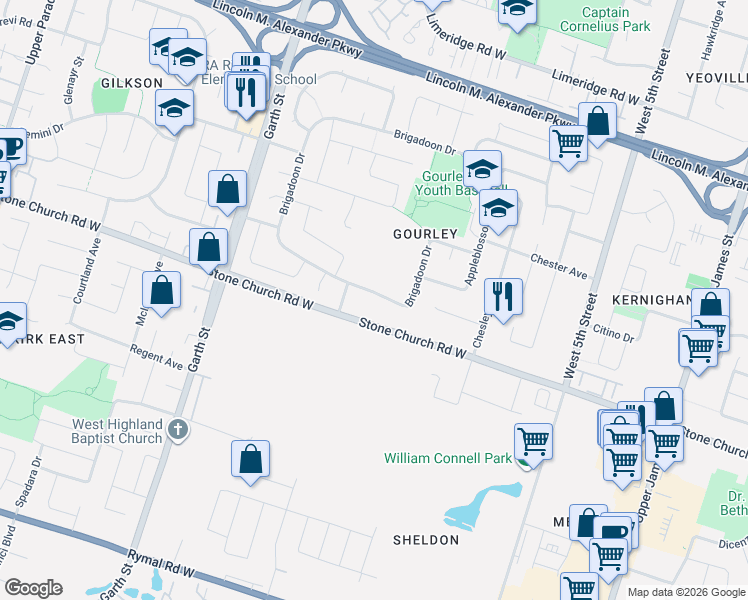 map of restaurants, bars, coffee shops, grocery stores, and more near 734 Brigadoon Drive in Hamilton