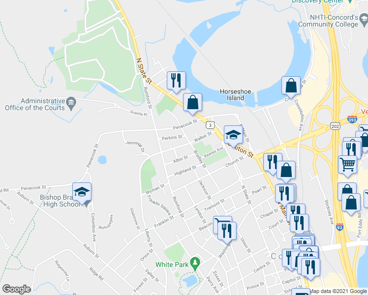 map of restaurants, bars, coffee shops, grocery stores, and more near 29 Walker Street in Concord