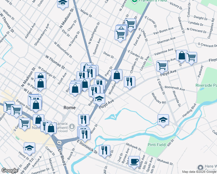 map of restaurants, bars, coffee shops, grocery stores, and more near 516 Black River Boulevard in Rome