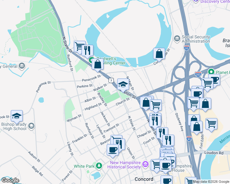 map of restaurants, bars, coffee shops, grocery stores, and more near 141 North State Street in Concord