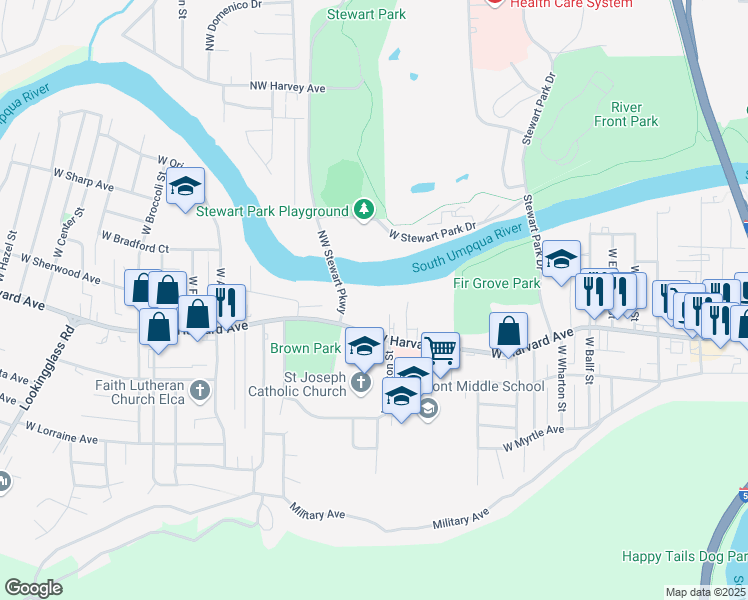 map of restaurants, bars, coffee shops, grocery stores, and more near 1970 West Harvard Avenue in Roseburg