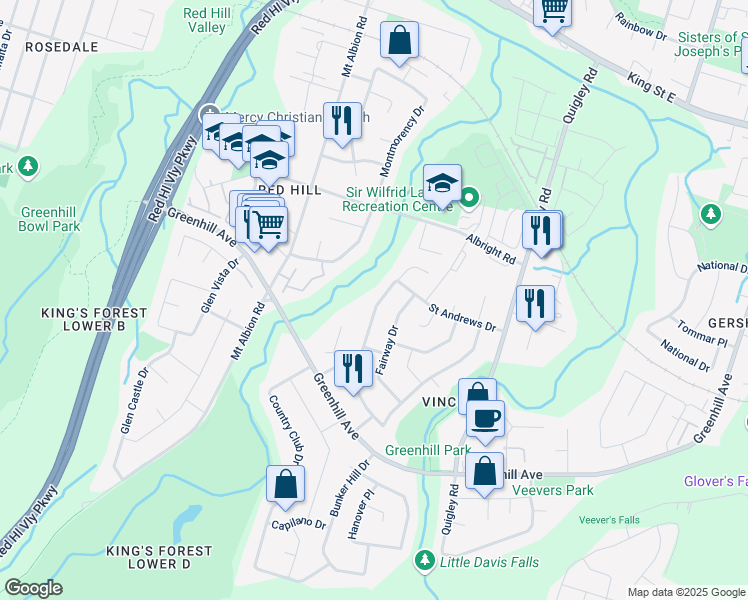 map of restaurants, bars, coffee shops, grocery stores, and more near 148 Saint Andrews Drive in Hamilton
