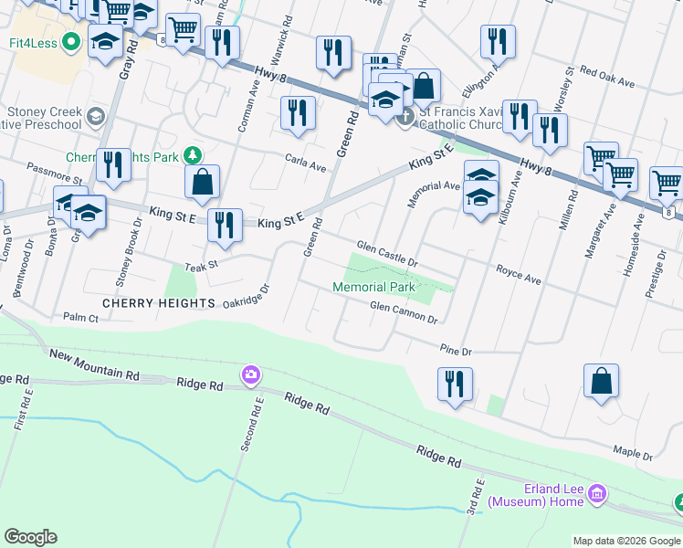 map of restaurants, bars, coffee shops, grocery stores, and more near 16 Earlidawn Court in Hamilton