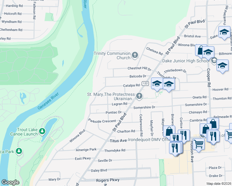map of restaurants, bars, coffee shops, grocery stores, and more near 96 Leland Road in Irondequoit