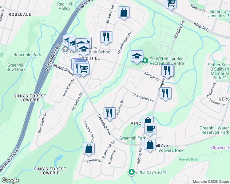 map of restaurants, bars, coffee shops, grocery stores, and more near 148 Saint Andrews Drive in Hamilton