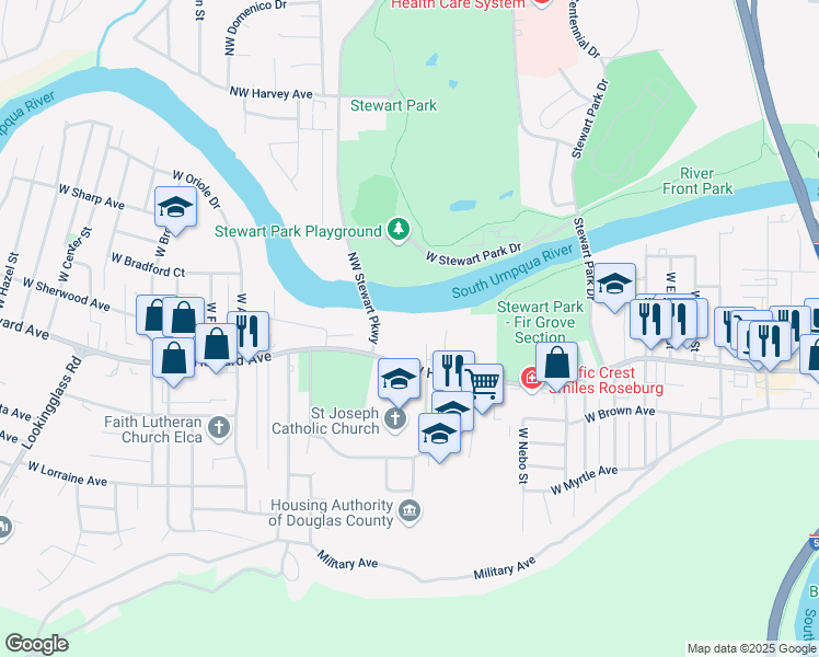 map of restaurants, bars, coffee shops, grocery stores, and more near 1970 West Harvard Avenue in Roseburg