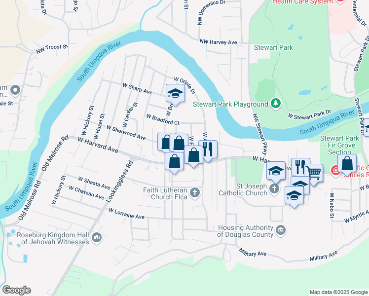 map of restaurants, bars, coffee shops, grocery stores, and more near 470 West Fair Street in Roseburg