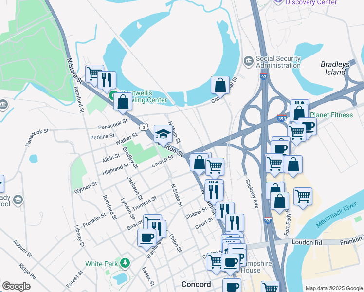 map of restaurants, bars, coffee shops, grocery stores, and more near 225 North Main Street in Concord