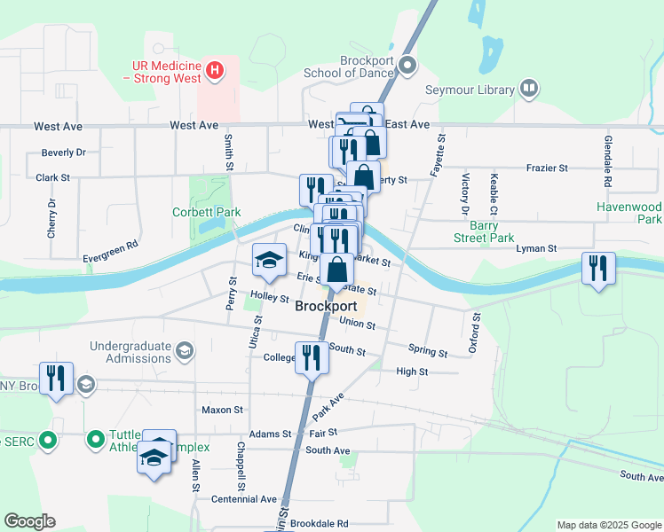 map of restaurants, bars, coffee shops, grocery stores, and more near 33/35 Main Street South in Brockport