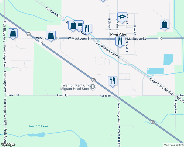 map of restaurants, bars, coffee shops, grocery stores, and more near 165 Kentridge Drive in Kent City