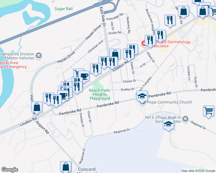map of restaurants, bars, coffee shops, grocery stores, and more near 14 Canterbury Road in Concord