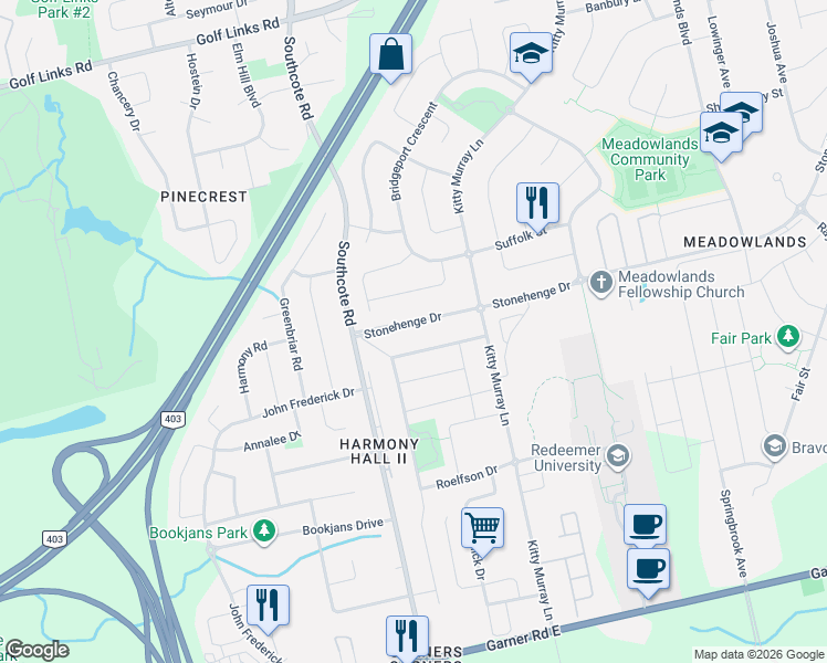 map of restaurants, bars, coffee shops, grocery stores, and more near 67 Stonehenge Drive in Hamilton