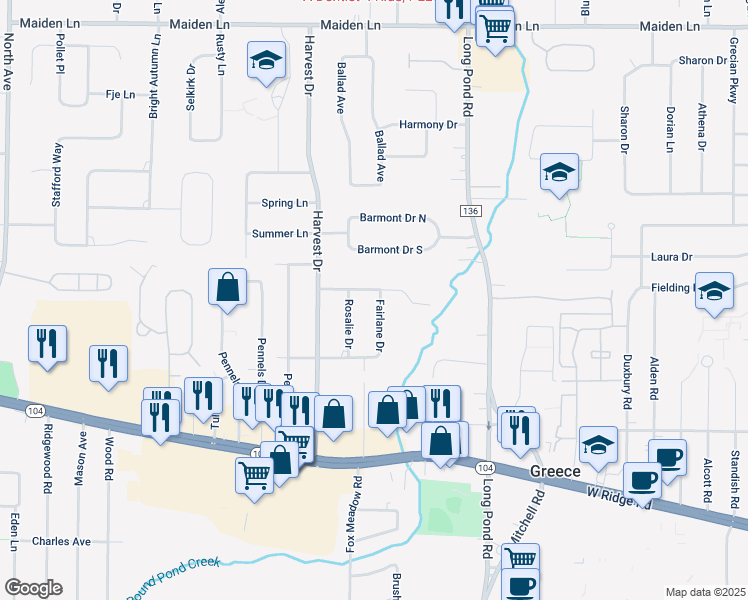 map of restaurants, bars, coffee shops, grocery stores, and more near 33 Creekwood Drive in Rochester