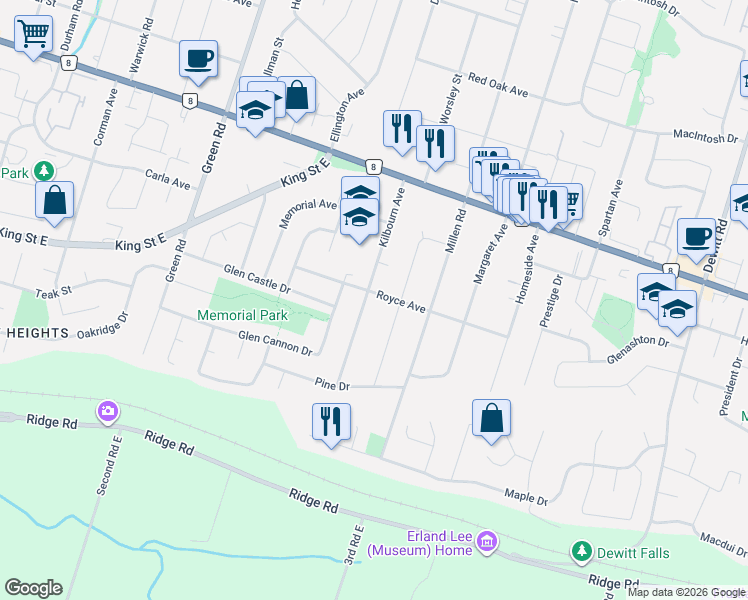 map of restaurants, bars, coffee shops, grocery stores, and more near in Hamilton