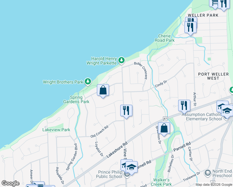 map of restaurants, bars, coffee shops, grocery stores, and more near 9 Meadowlark Crescent in St. Catharines