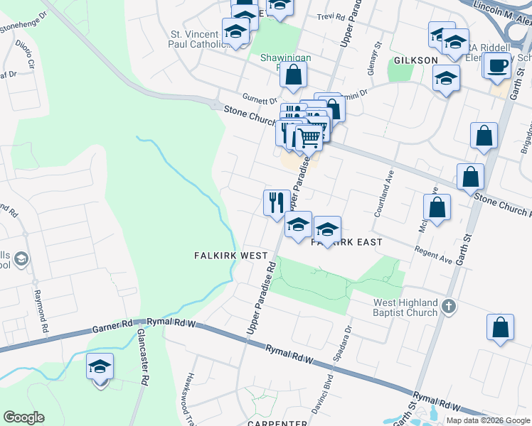 map of restaurants, bars, coffee shops, grocery stores, and more near 65 Hannah Crescent in Hamilton