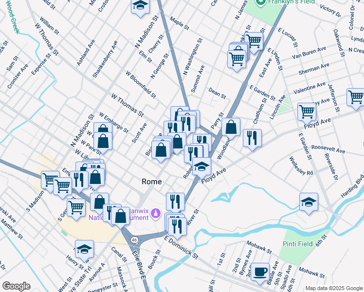 map of restaurants, bars, coffee shops, grocery stores, and more near 422 North James Street in Rome