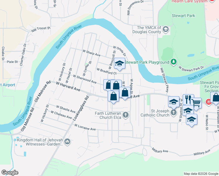 map of restaurants, bars, coffee shops, grocery stores, and more near 523 West Broccoli Street in Roseburg