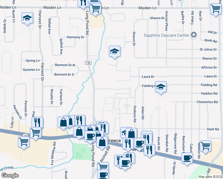 map of restaurants, bars, coffee shops, grocery stores, and more near 83 Demeter Drive in Rochester